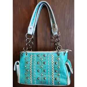 Montana West Studded Conceal Faux Leather Satchel Shoulder Handbag Turquoise Bag